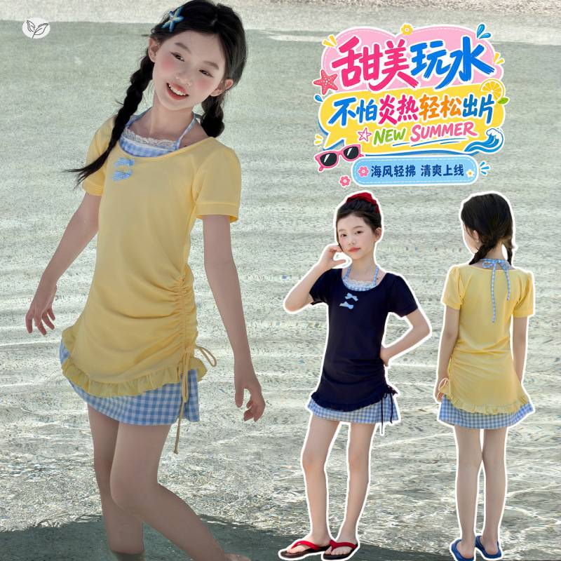 官方正品女童泳衣2026夏季新款中大儿童甜美花边抽绳泳裙假两件挂