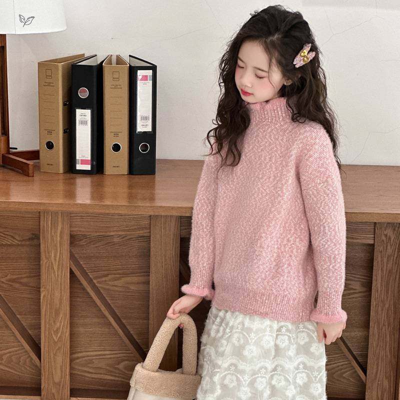 官网正品女童2025年秋冬新款樱花粉高领木耳边加厚毛衣女大童洋气