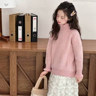 官网正品女童2025年秋冬新款樱花粉高领木耳边加厚毛衣女大童洋气