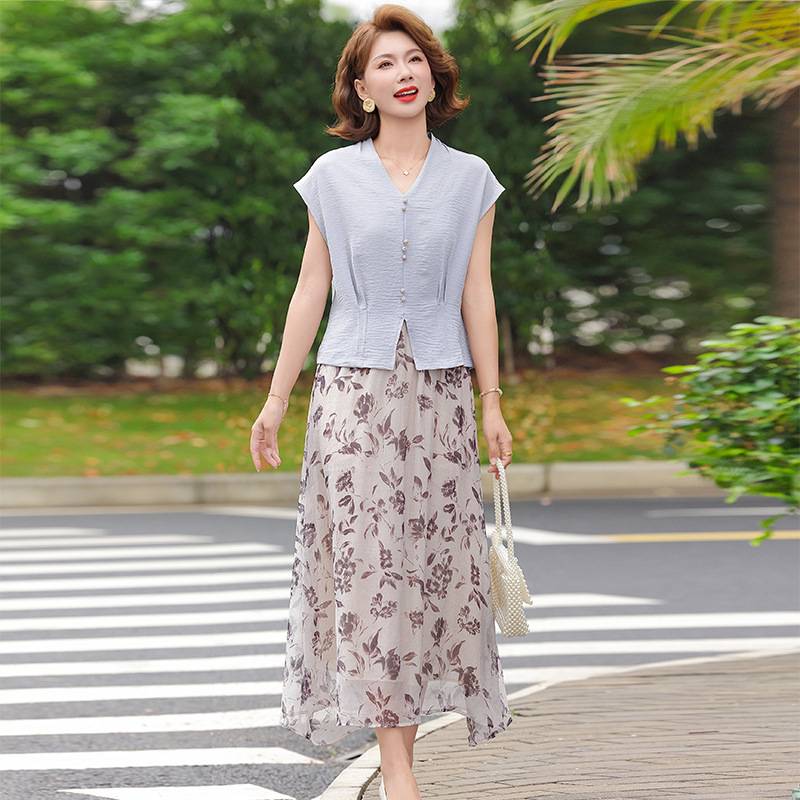 官方正品年轻妈妈装夏装连衣裙两件套中年女装夏季短袖上衣洋气半