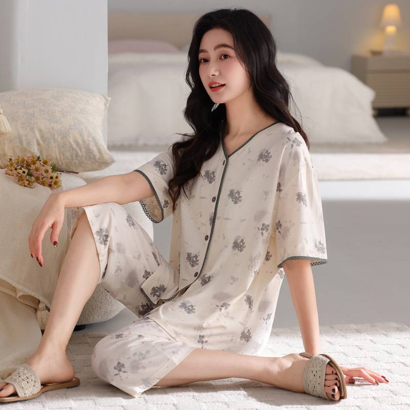 官方正品夏季莫代尔棉睡衣女短袖七分裤中老年妈妈开衫宽松套装薄