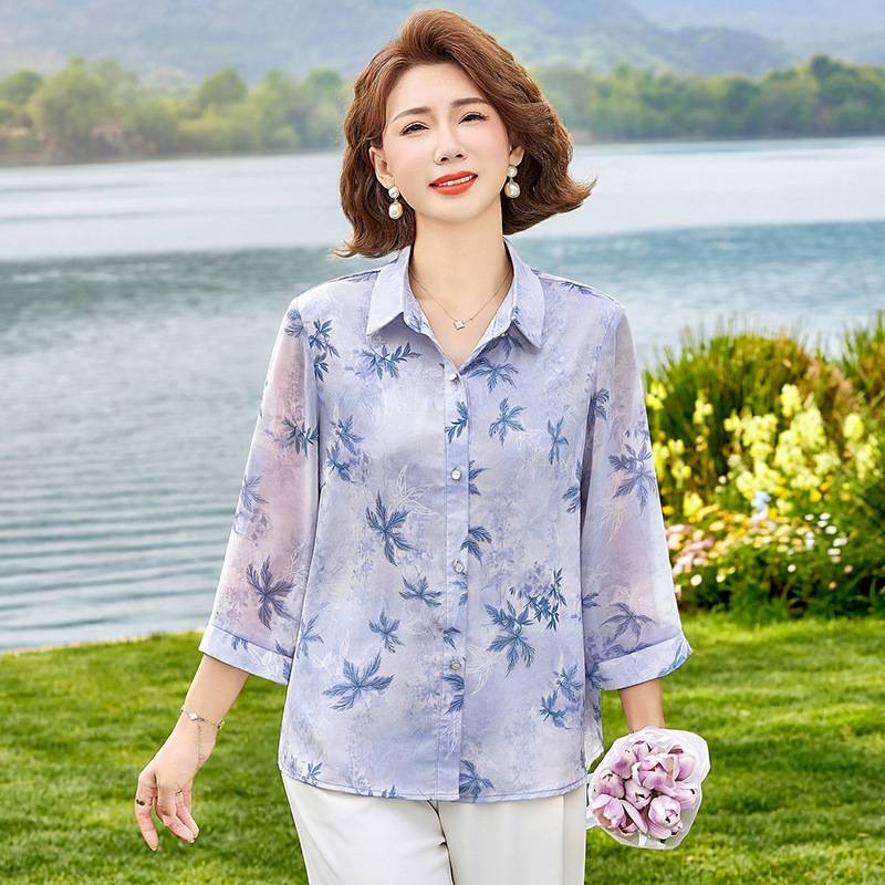 官方正品中老年妈妈夏季夏装新款短袖薄款洋气上衣宽松衬衫印花衬