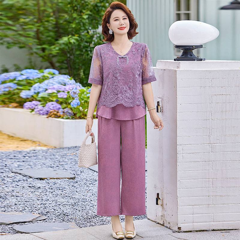 官方正品中老年女装夏季新款时尚妈妈装宽松遮肉显瘦上衣裤子两件