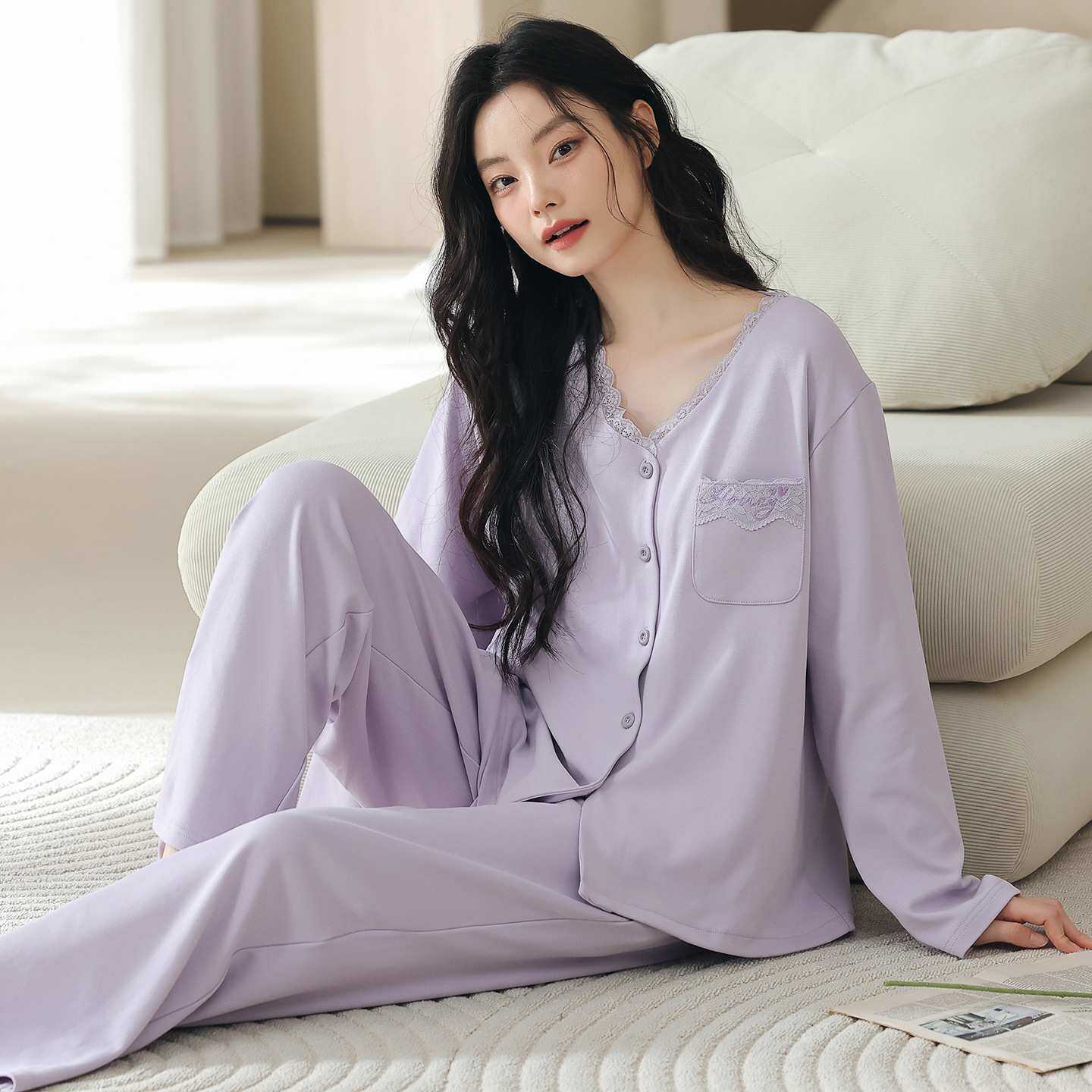 官方正品新款纯棉睡衣女长袖春秋开衫V领花边女款全棉外穿女士家