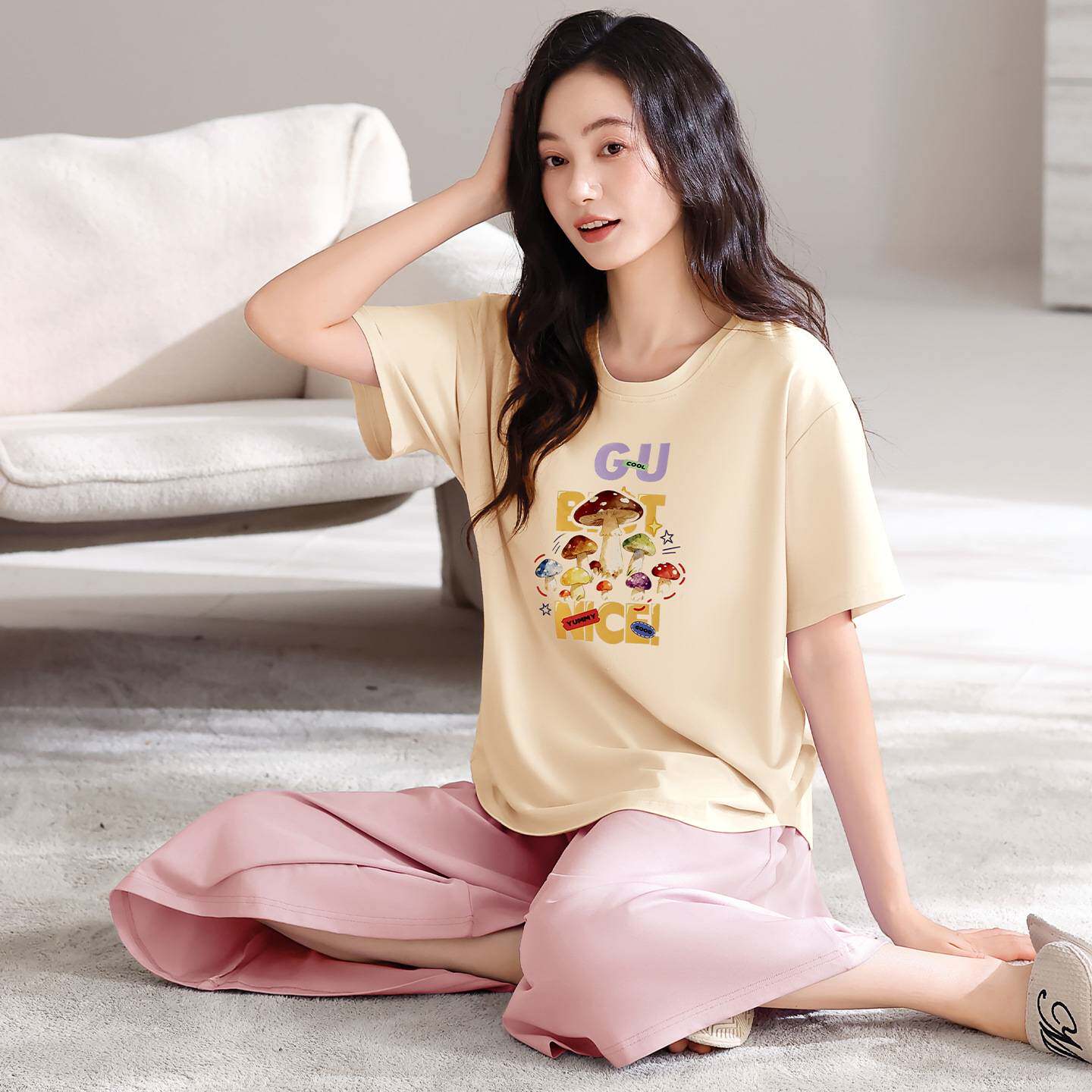 官方正品带胸垫女士睡衣莫代尔棉夏季短袖七分阔腿裙裤可爱卡通家