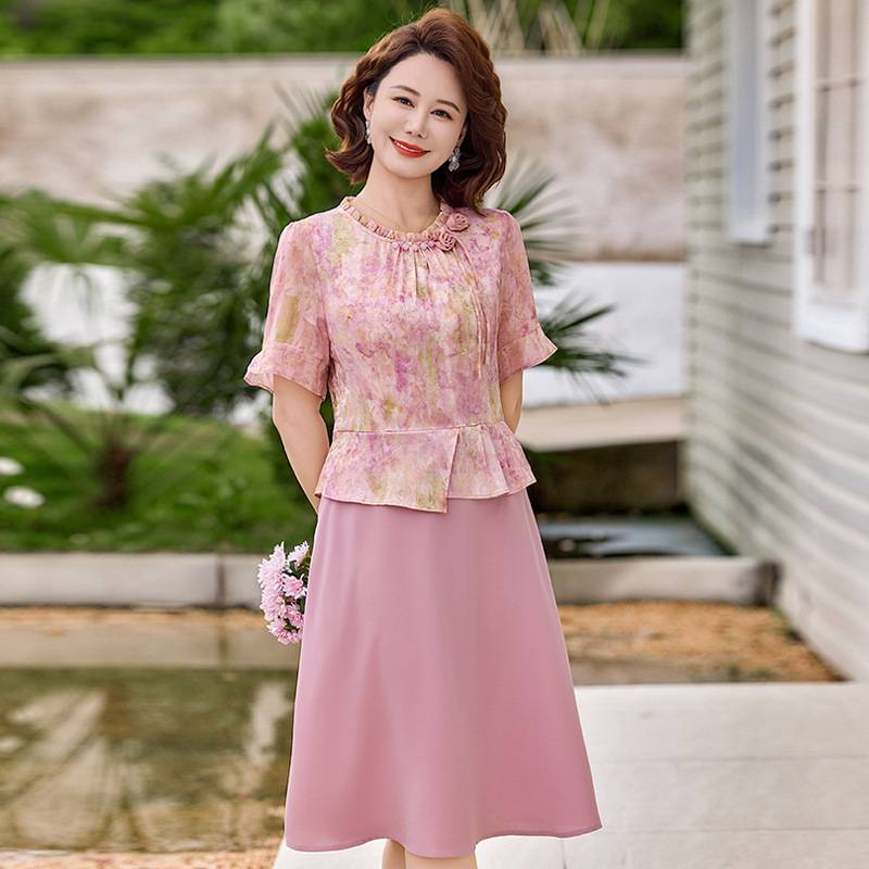 官方正品夏季新款短袖妈妈装连衣裙中老年短袖假两件收腰显瘦中长