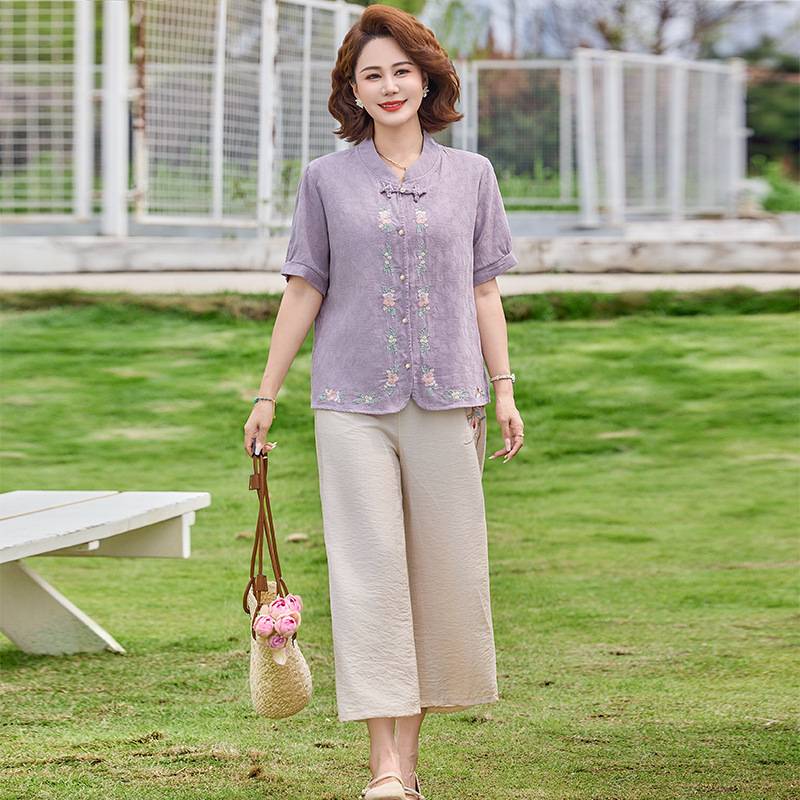 官方正品夏季妈妈棉麻印花短袖套装2026新款中老年时尚大码上衣裤