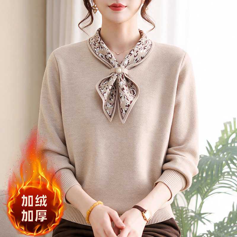官方正品中老年人女春秋针织毛衣洋气40岁50妈妈装秋冬加绒保暖打