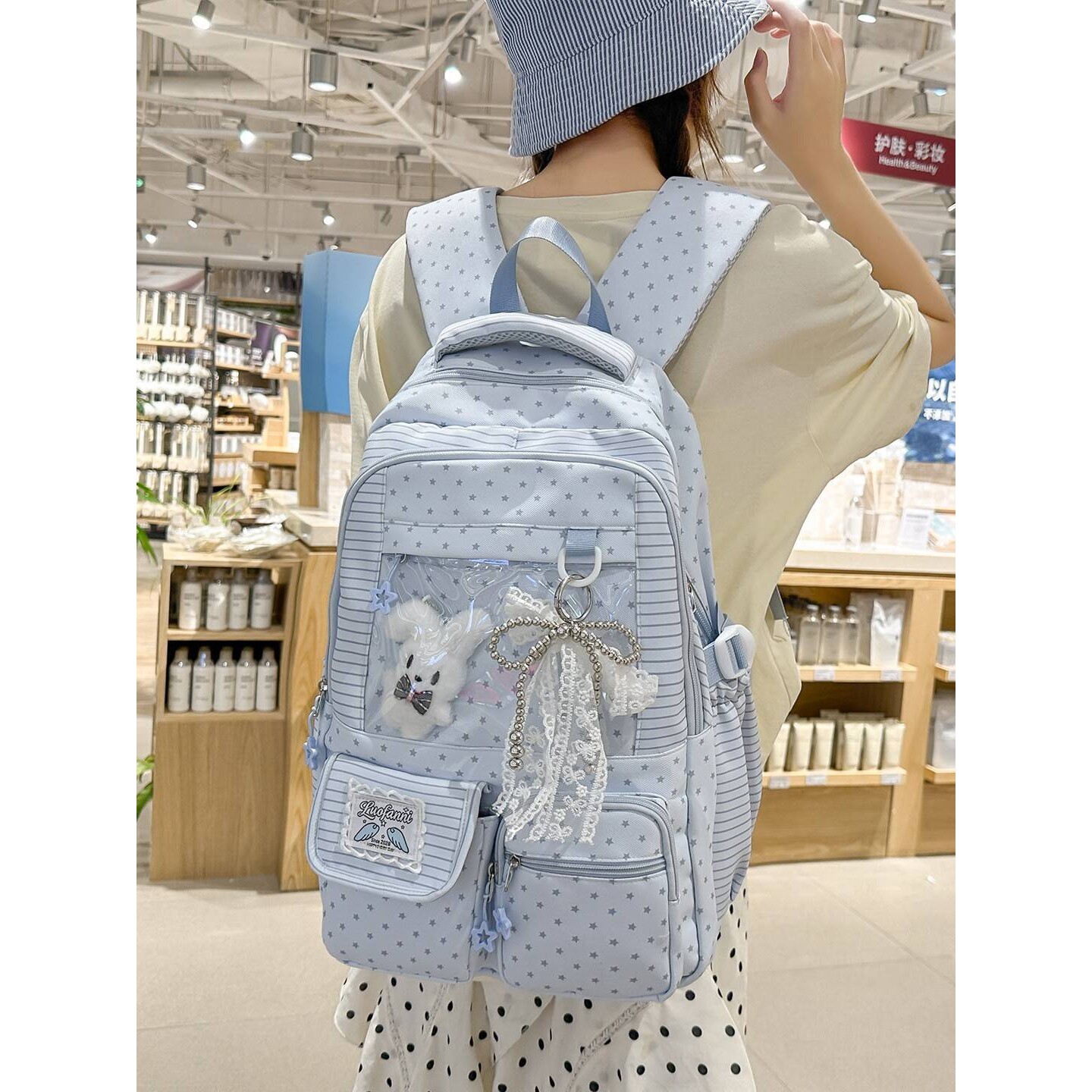 官方正品奶蓝波点星星少女心书包软糯清新氛围感初高中学生校园上