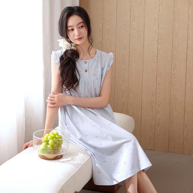 官方正品纯棉无袖背心睡裙女夏季蓝色格子中长款连衣裙宽松透气全