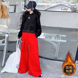 官网正品女童加绒卫衣套装秋冬2025年新款中大童短款连帽衫阔腿裤