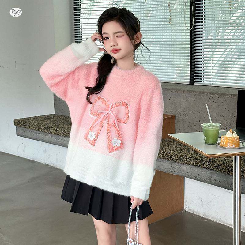 官网正品女童2025年秋冬新款甜美樱花粉蝴蝶结渐变毛衣女孩可爱俏
