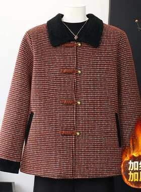 官方正品国风印花妈妈装外套加绒加厚上衣50多岁高级感中年女装保