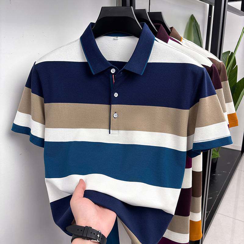 官方正品2026夏季新款中年男士翻领条纹短袖Polo衫薄款宽松打底衫