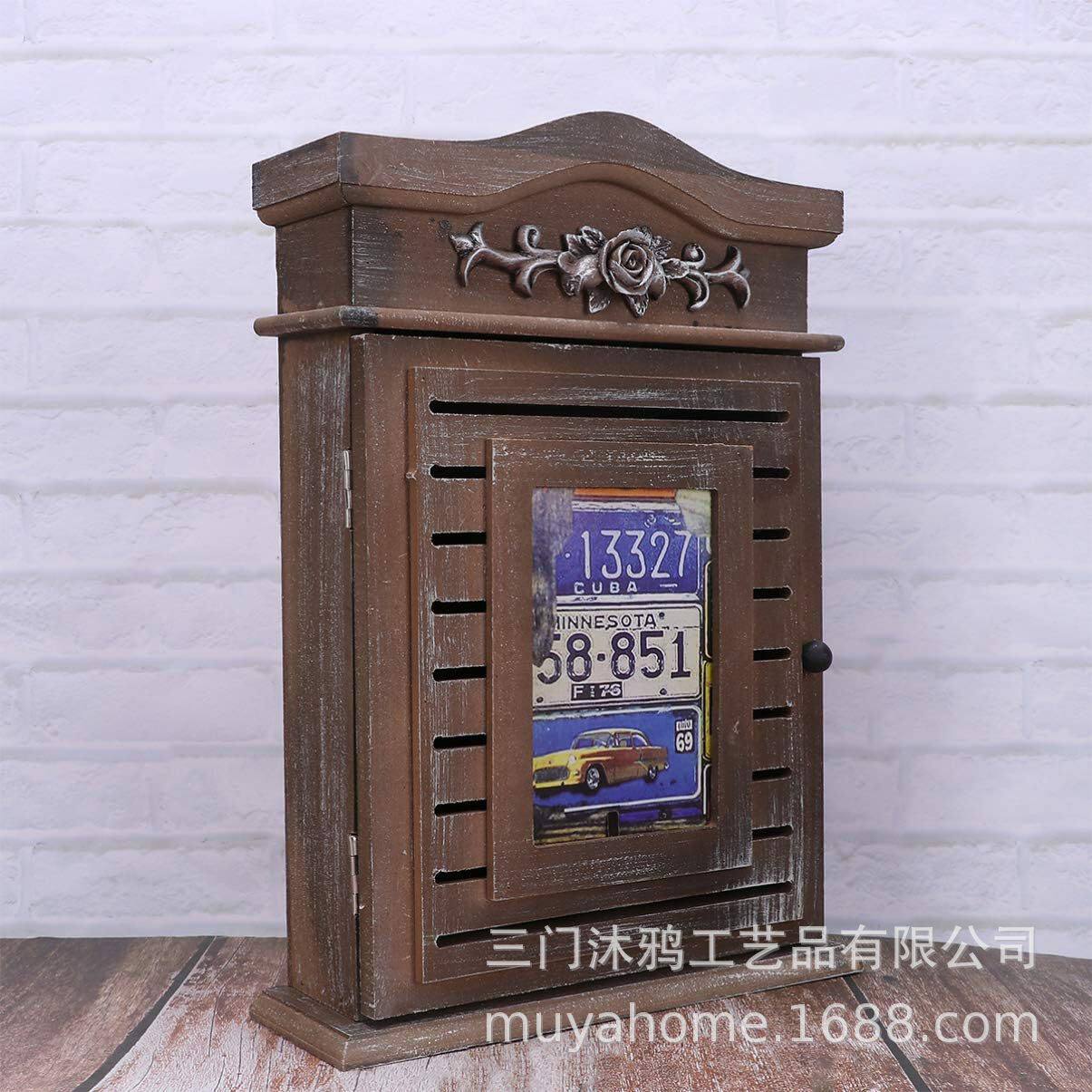 北欧玄关复古钥匙挂钩木质钥匙盒钥匙箱创意壁挂式可摆可挂放相片