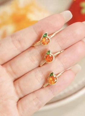 网红镶嵌仿天然橙色芬达石小橘子开口戒指女小清新轻奢款