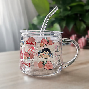 ins玻璃杯吸管牛奶早餐杯甜品杯刻度杯子加盖勺可爱印花礼物