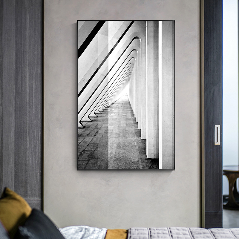 玄关晶瓷画黑白建筑空间艺术餐厅装饰画酒店沙发墙立体镶钻挂画图片