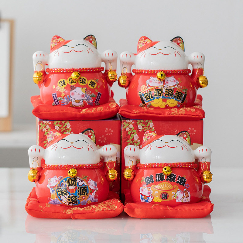 红色招财猫小号摆件店铺开业新品办公室收银前台存钱储蓄罐