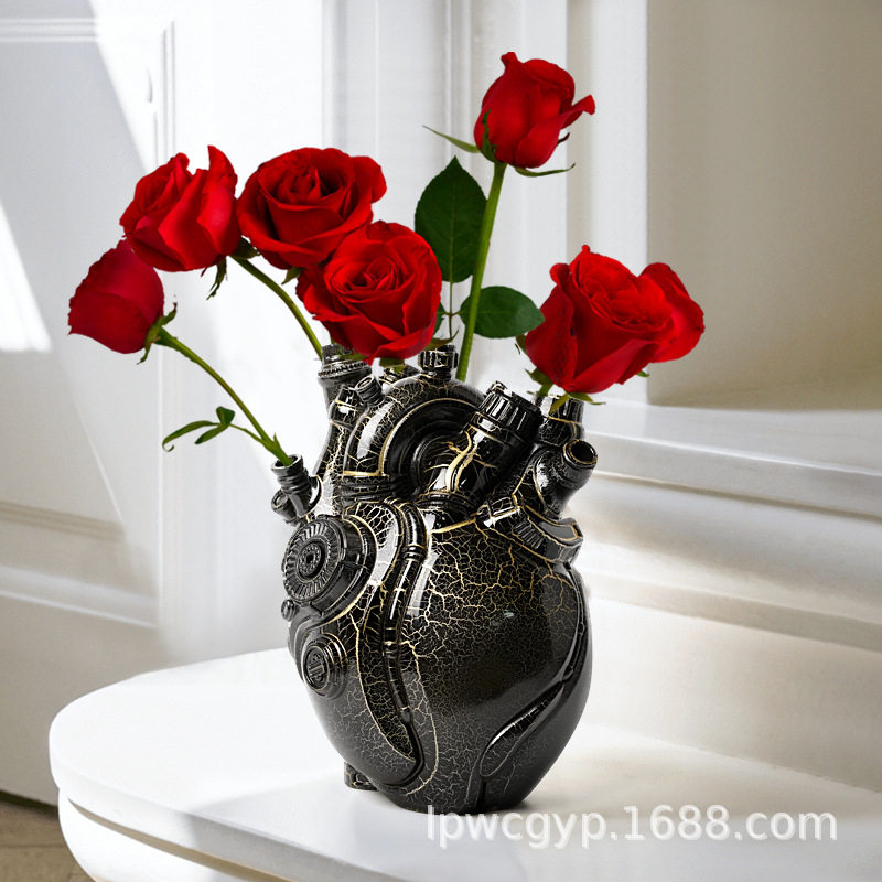 赛博朋克仿真心形花瓶摆件创意科技感家居装饰树脂工艺品送礼好物
