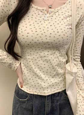 518#实拍 40支纯棉(92棉/8氨纶) 2025秋装长袖T恤女碎花纽扣