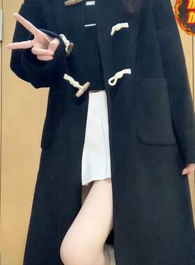中长款黑色毛呢外套女秋冬季2025新款小个子赫本风牛角扣呢子大衣