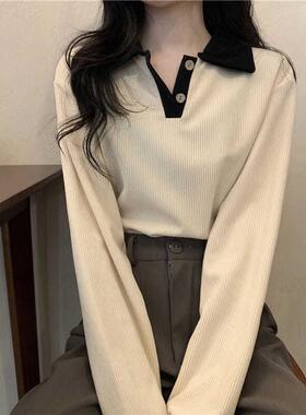 2025秋季新款薄款翻领POLO衫长袖T恤女百搭显瘦ins内搭学生上衣潮
