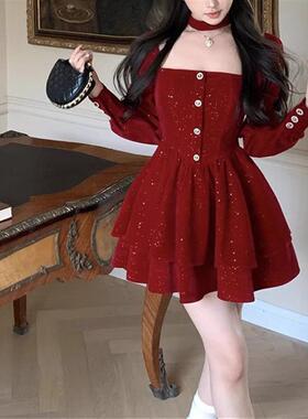 秋冬新款跨境圣诞节连衣裙女装复古红色收腰显瘦设计感A字裙子ins