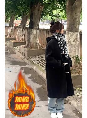 牛角扣黑色毛呢大衣女秋冬2025新款中长款小个子连帽呢子外套加厚