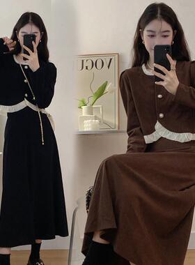 小香风气质木耳边灯芯绒上衣两件套高腰半身裙中长款秋季套装女装