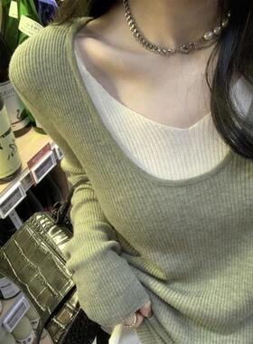 2025秋冬新款v领不规则针织衫假两件女休闲内搭打底毛衣学生上衣