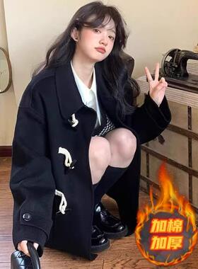 黑色短款牛角扣毛呢外套女2025新款秋冬季韩版宽松小个子加厚大衣