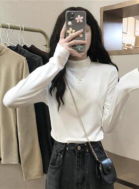 德绒半高领打底衫女秋季2025新款内搭白色长袖T恤女别致学生上衣