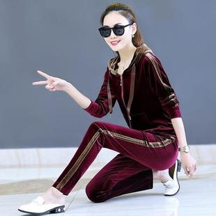 金丝绒休闲运动服套装 宽松连帽时尚 女春秋季 大码 两件套 新款 886