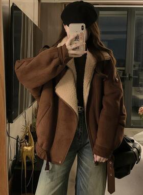 实拍美式复古加厚麂皮绒羊羔毛棉衣外套女冬季感宽松棉服上衣