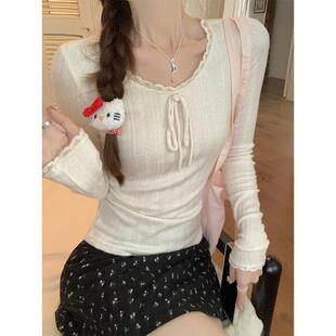 早秋法式蕾丝花边系带圆领长袖针织衫女修身短款肌理感毛衣打底衫