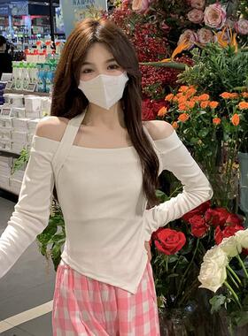 一字肩挂脖长袖T恤女2025早秋季新款辣妹内搭短款打底衫学生上衣