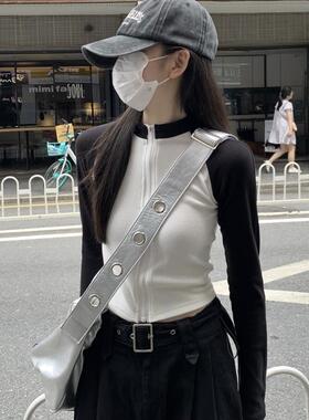 罗纹 2025秋季新品撞色拉链插肩设计感长袖开衫T恤女白色显瘦上衣