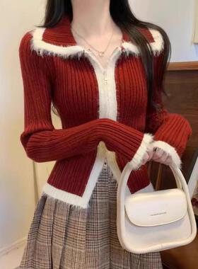 小个子红色毛衣外套女2025秋冬季新款加厚针织安可拉红上衣高级感