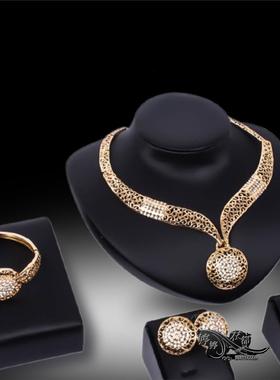 Fashion Necklace earrings ring set women金属项链女四件套饰品