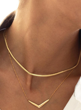 欧美简约双层锁骨链时尚气质三角吊坠项链女temperament necklace