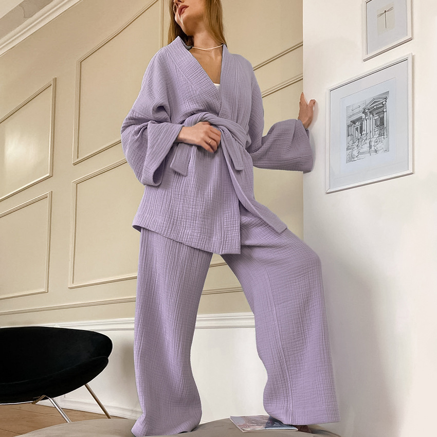 Ladies French Cardigan Pajama Pants Set女士法式开衫睡袍套装