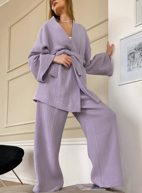 Ladies French Cardigan Pajama Pants Set女士法式开衫睡袍套装