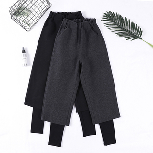 外贸特大码女装速卖通亚马逊欧美风假两件加厚毛呢阔腿裤显瘦秋冬