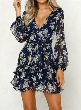 Fashion V-Neck Printed Long Sleeve DressV领 印花 长袖连衣裙