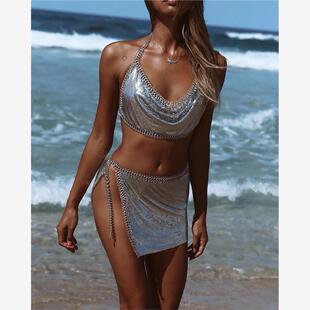 Low cut backless sequin skirt suit女生低胸露背亮片半身裙套装