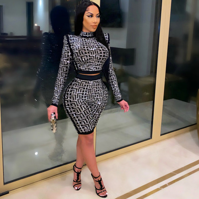 Printed turtleneck top five-point pants suit two-piece set