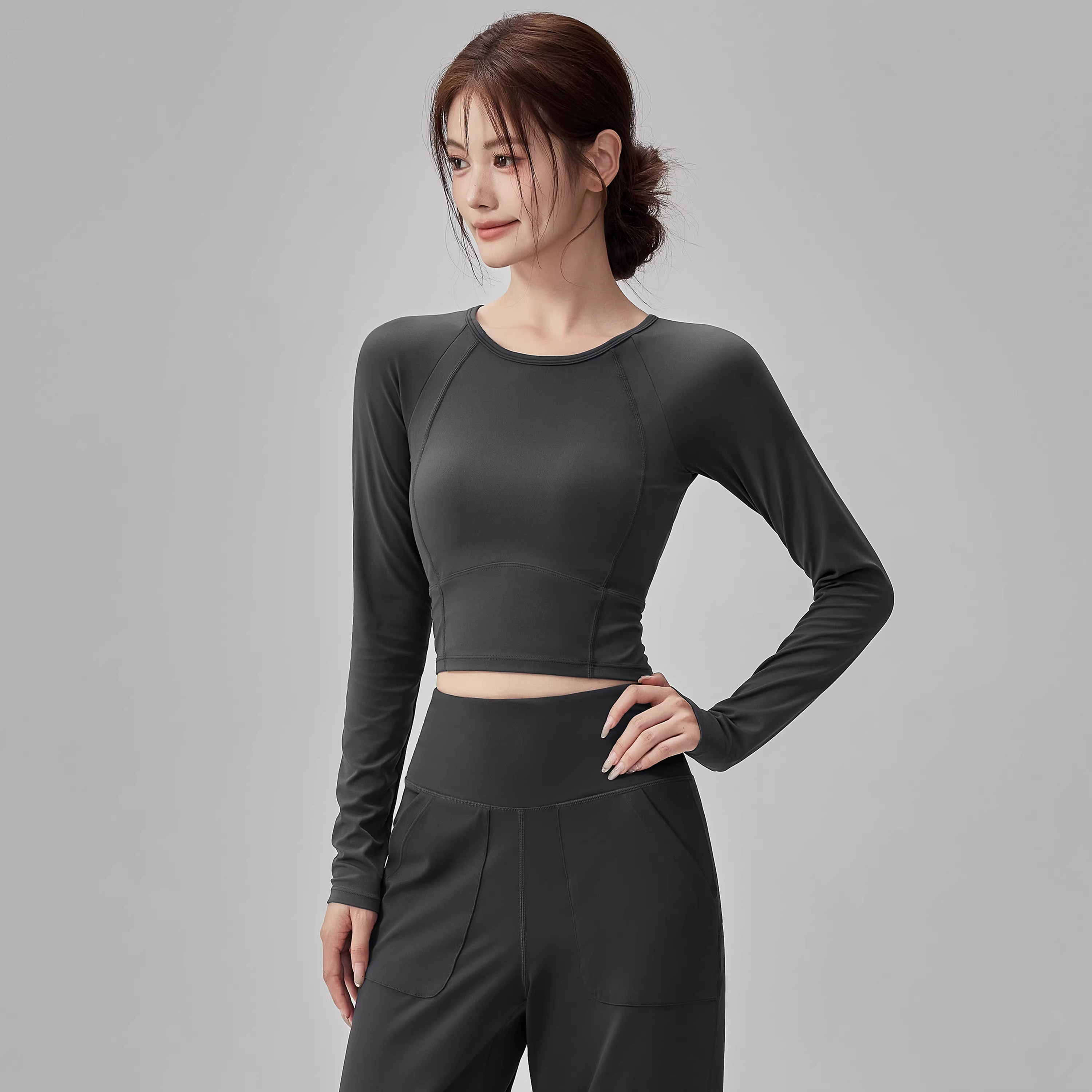 LULU VURU一体式胸垫健身上衣女透气训练瑜伽服跑步运动长袖秋冬