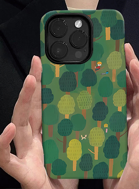 小尹绿色森林插画iPhone13promax苹果15手机壳小米14全包防摔mate60软套11华为nova12plus菲林p70荣耀100适用