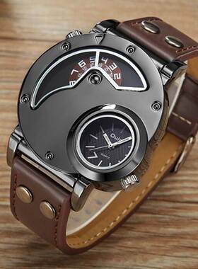 Luxury Men Watch Big Face Dual Time Leather Quartz Watch